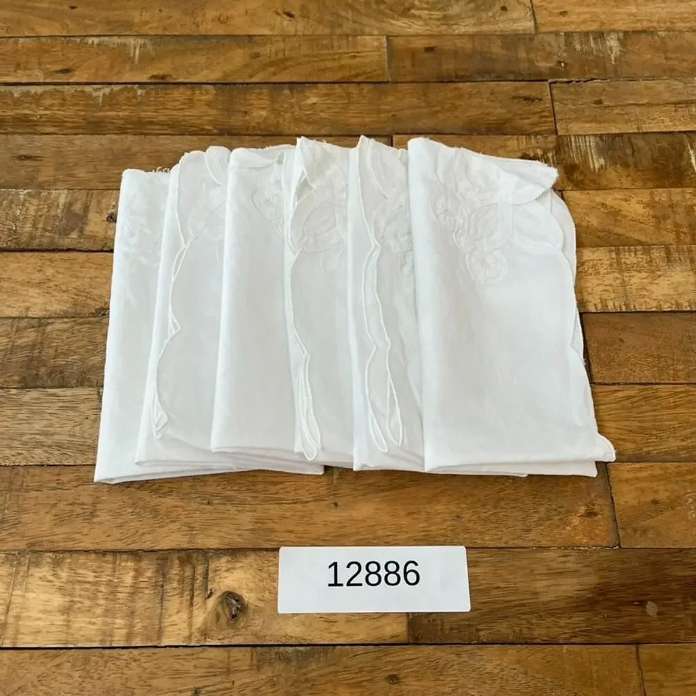 Handmade White Sheer Linen Napkins Floral Embroidery 16x16